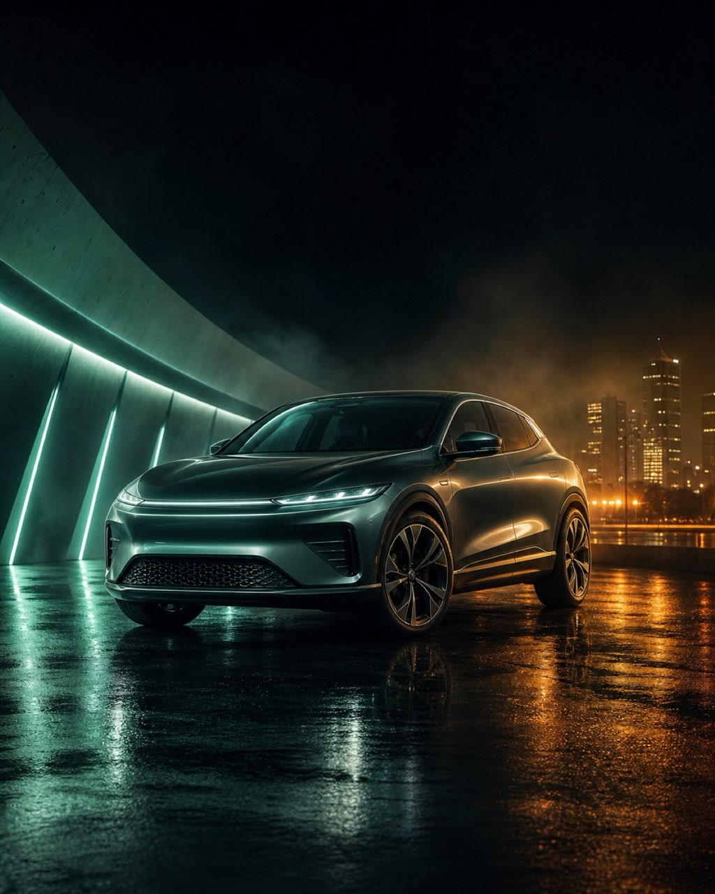 Crossover moderno iluminado por luz verde elétrica e âmbar